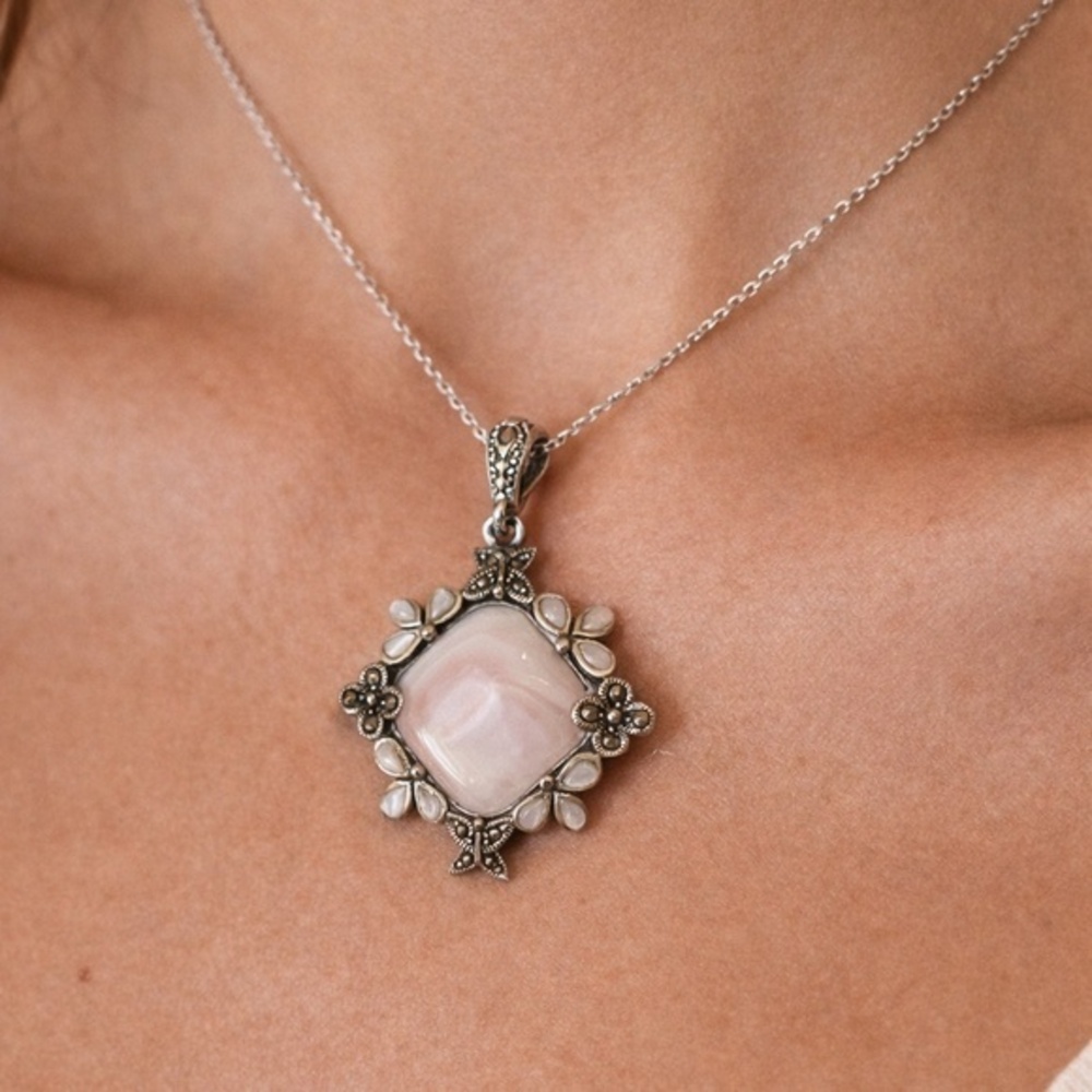 Silver Pink Opal Marcasite Pendant Art Deco Floral. Pendant Only.